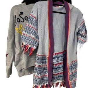 Striped Fringe Cardigan and Logo Graphic Embroidered, Black Sweater Bundle Set